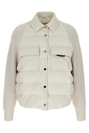 Пуховик из двух материалов BRUNELLO CUCINELLI 'Shiny Flap Detail' Белый MD5997695PC1709 Пуховик из двух материалов BRUNELLO CUCINELLI 'Shiny Flap Detail' Белый MD5997695PC1709