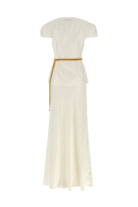 Платье макси из кремовой тафты с цепным поясом Белое PF25017XACCREAM Платье макси из кремовой тафты с цепным поясом Белое PF25017XACCREAM