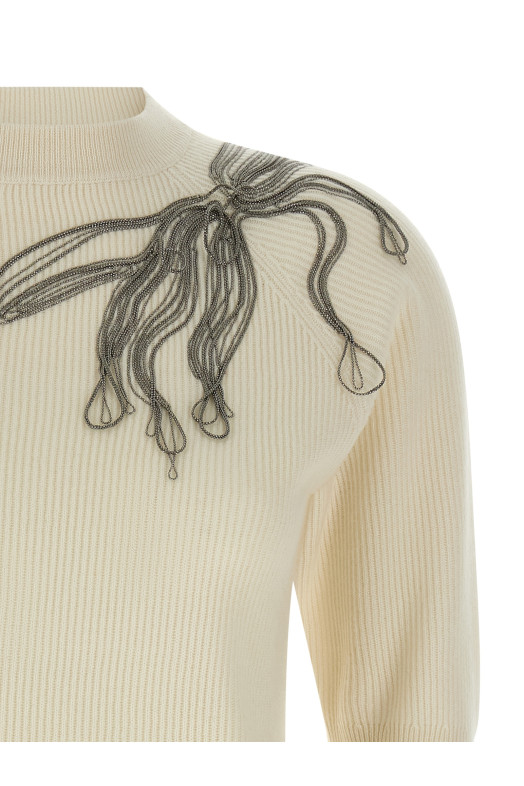 'Shiny Flower Embroidery' sweater White