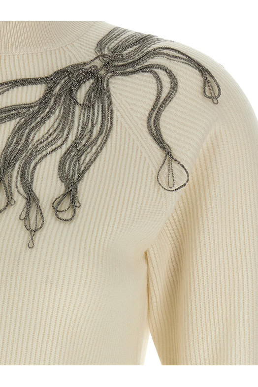 'Shiny Flower Embroidery' sweater White