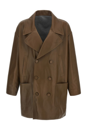 Двубортное кожаное пальто коричневого цвета FENDI FPJ897AQOIF1LUZ
