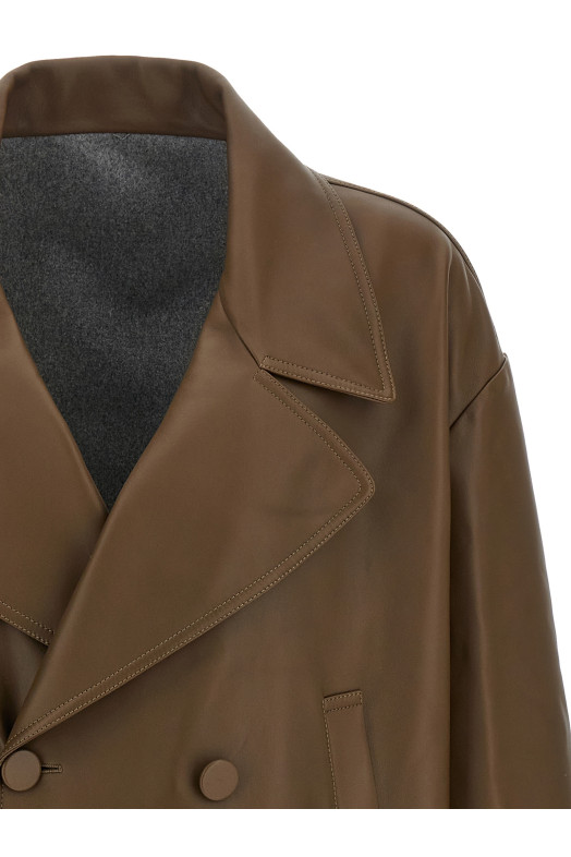 Двубортное кожаное пальто коричневого цвета FENDI FPJ897AQOIF1LUZ