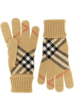 Check cashmere gloves Beige