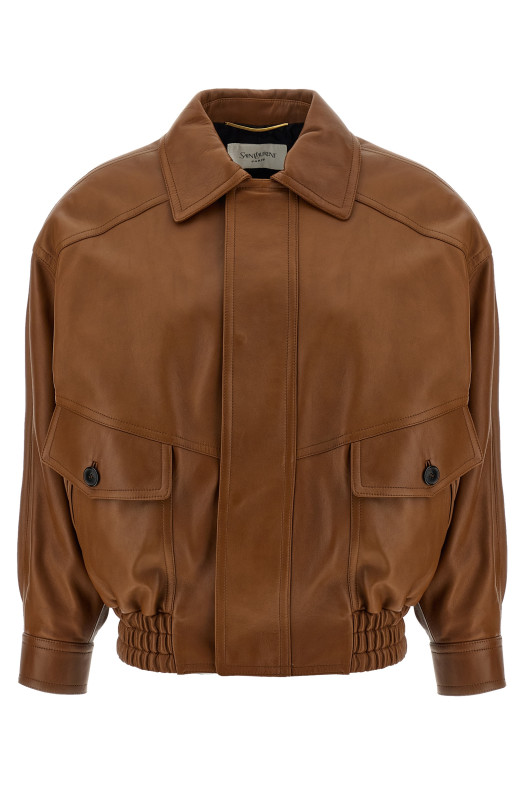Кожаная бомбер-куртка коричневого цвета SAINT LAURENT 842948YCSK22080