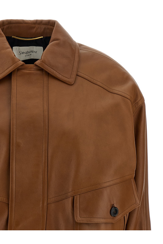 Кожаная бомбер-куртка коричневого цвета SAINT LAURENT 842948YCSK22080
