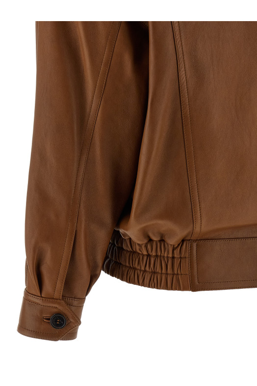 Кожаная бомбер-куртка коричневого цвета SAINT LAURENT 842948YCSK22080