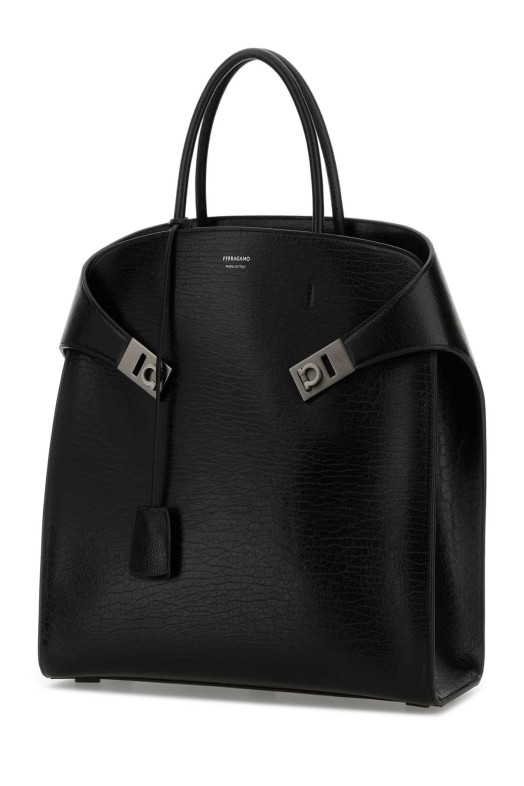 Black leather Hug shopping bag Black SALVATORE FERRAGAMO (241666787663)