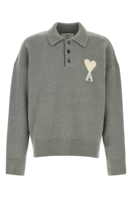 Grey stretch alpaca blend polo shirt AMI (UPL408KN0135) Grey stretch alpaca blend polo shirt AMI (UPL408KN0135)