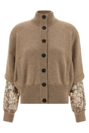 Кардиган с пайетками на рукавах Бежевый BRUNELLO CUCINELLI M12730016C077 Кардиган с пайетками на рукавах Бежевый BRUNELLO CUCINELLI M12730016C077