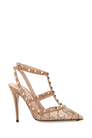Powder pink lace and suede Rockstud pumps VALENTINO GARAVANI (7W0S0393UJZ)