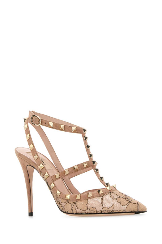 Powder pink lace and suede Rockstud pumps VALENTINO GARAVANI (7W0S0393UJZ)