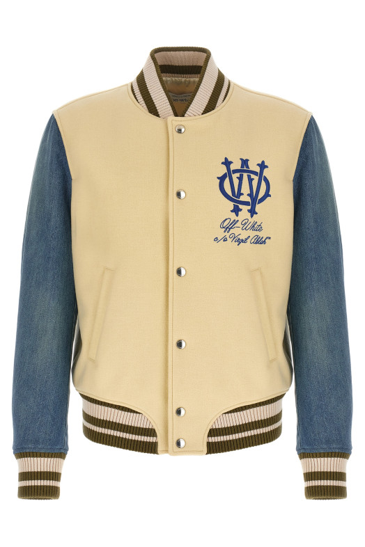 'Gothic Wool Denim Varsity' bomber jacket White