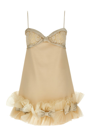 Платье с плиссированными оборками Valentino Garavani Бежевое B3VAHR01CFET5