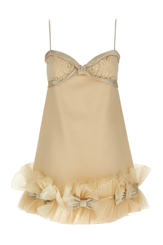 Платье с плиссированными оборками Valentino Garavani Бежевое B3VAHR01CFET5