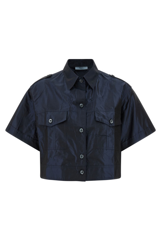 Укороченная рубашка из тафты Синяя PRADA P497ICSOOO120MF0008