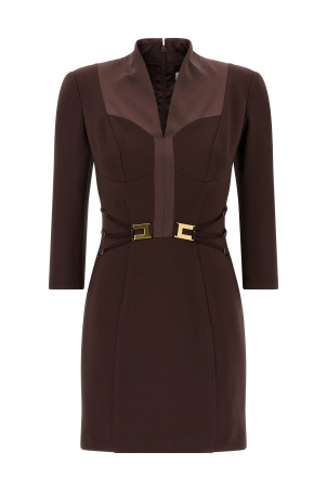Платье с логотипом и эластичными резинками, коричневое ELISABETTA FRANCHI AB86961E2644