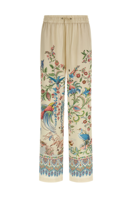 Flora and fauna printed trousers Beige