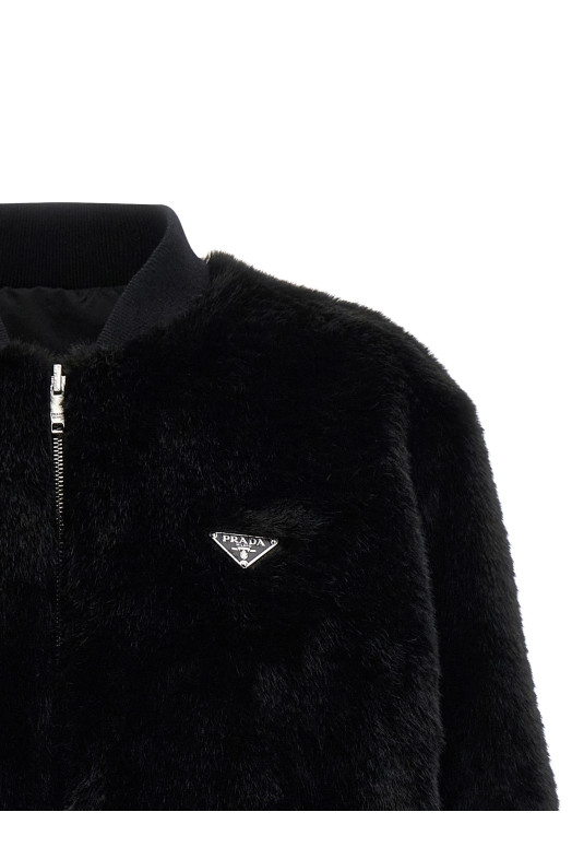Eco-fur and Re-Nylon reversible bomber jacket Black