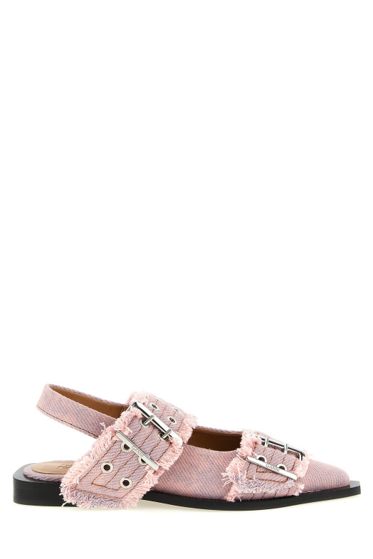 'Feminine Buckle Fringed Denim' slingback Pink