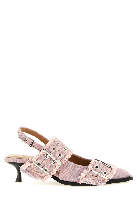 'Feminine Buckle Fringed Denim' slingback Pink