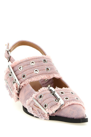 'Feminine Buckle Fringed Denim' slingback Pink