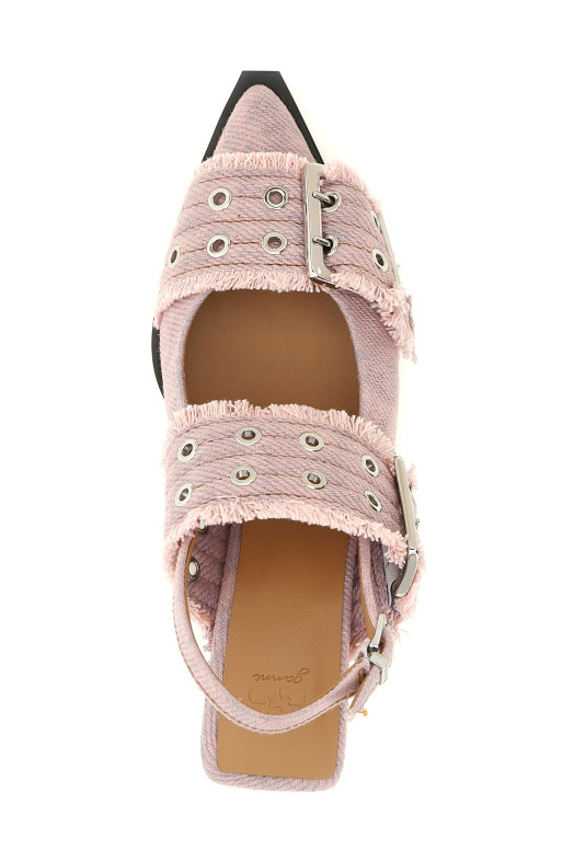 'Feminine Buckle Fringed Denim' slingback Pink