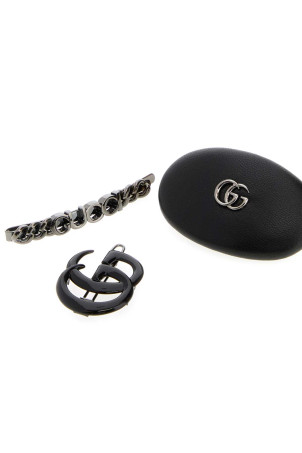 Black leather and metal hair clips set Black GUCCI (8550603HBH5)
