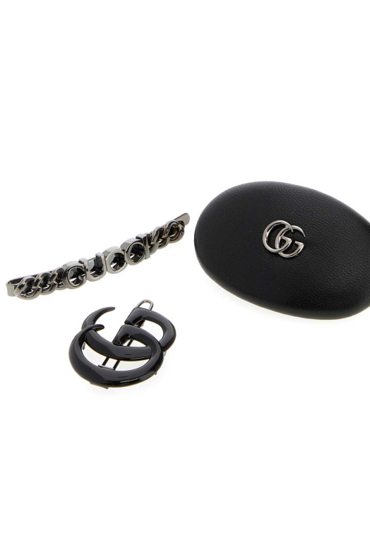 Black leather and metal hair clips set Black GUCCI (8550603HBH5)
