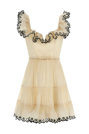 'Embroidered Frilled Mini' dress Beige