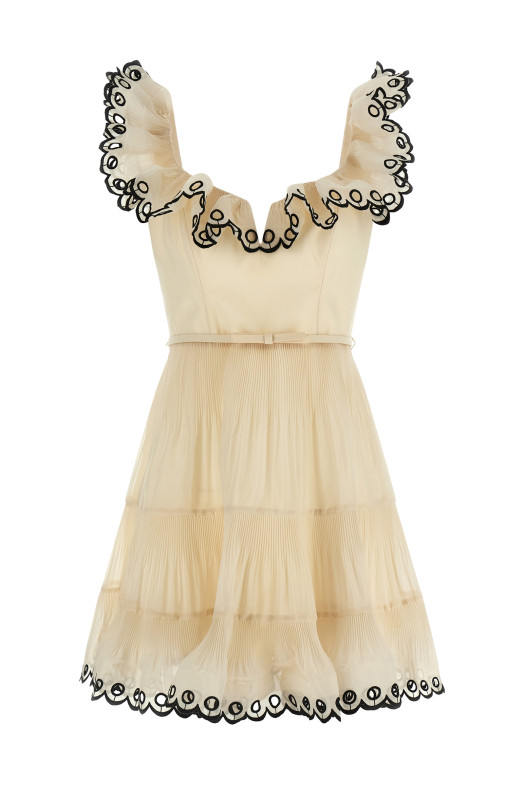 'Embroidered Frilled Mini' dress Beige