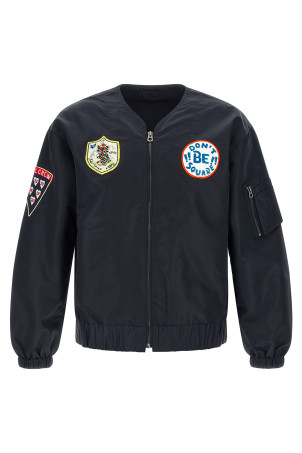 'Badges Collarless' bomber jacket Blue
