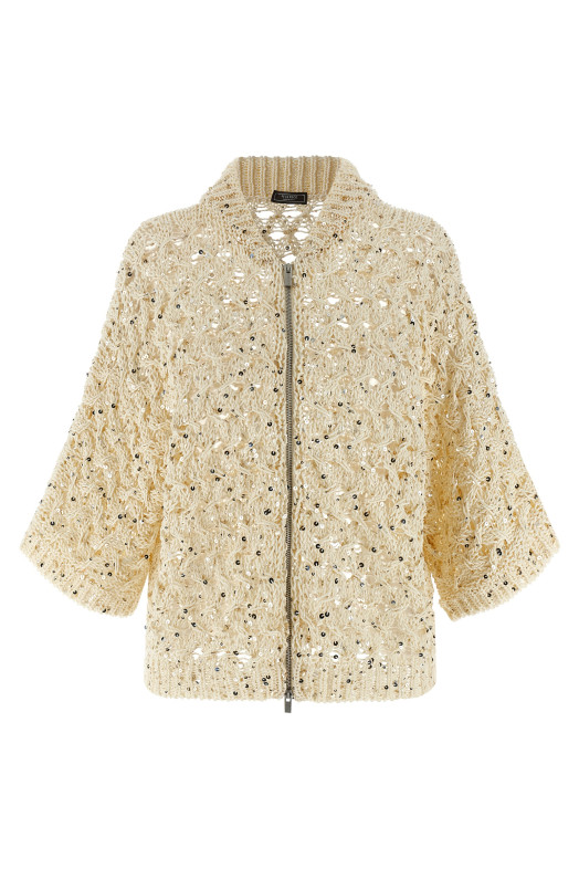 Sequin mesh cardigan Beige