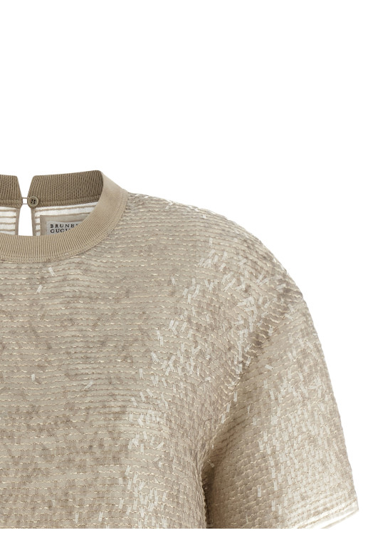 'Dazzling Cascade Embroidery' T-shirt Beige