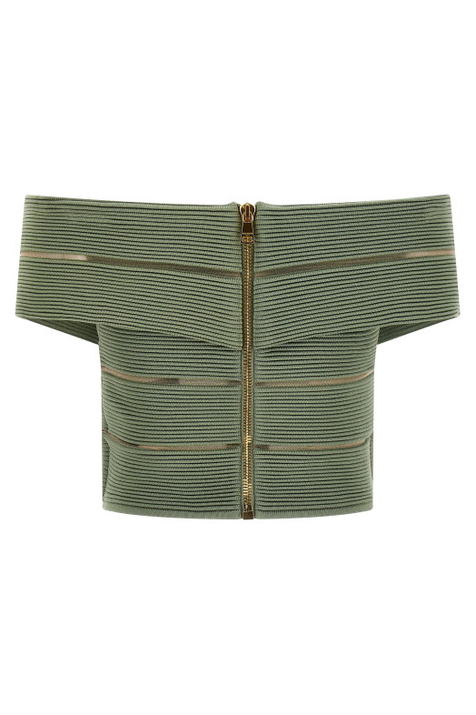 Короткий топ с открытыми плечами, зеленый BALMAIN GF0AB580KJ757EU
