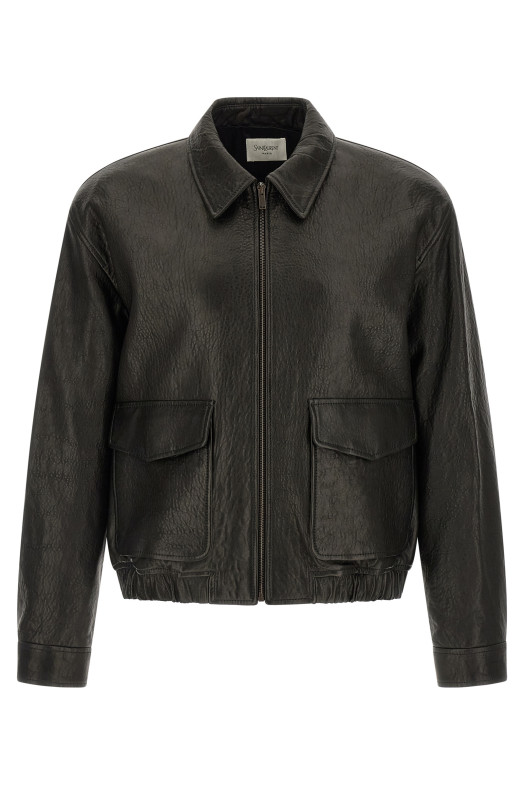 Hammered leather bomber jacket Black