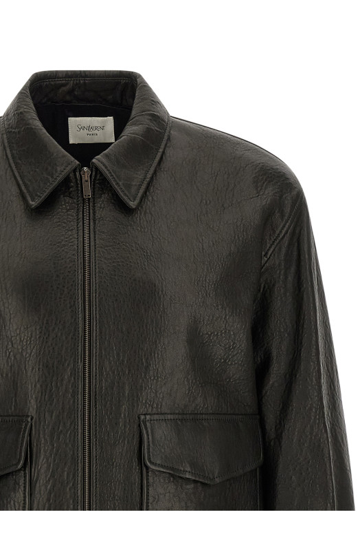 Hammered leather bomber jacket Black