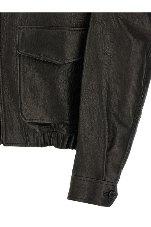 Hammered leather bomber jacket Black