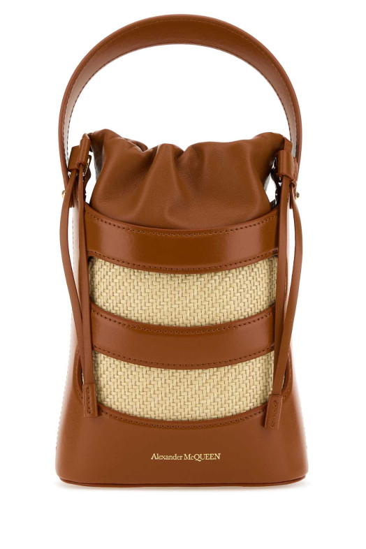 Two-tone leather and raffia mini The Rise bucket bag ALEXANDER MCQUEEN (7959001VPIO)