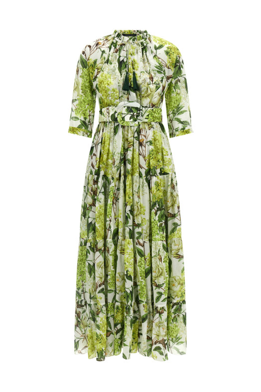 'Eden' long dress in cotton muslin with all print Green