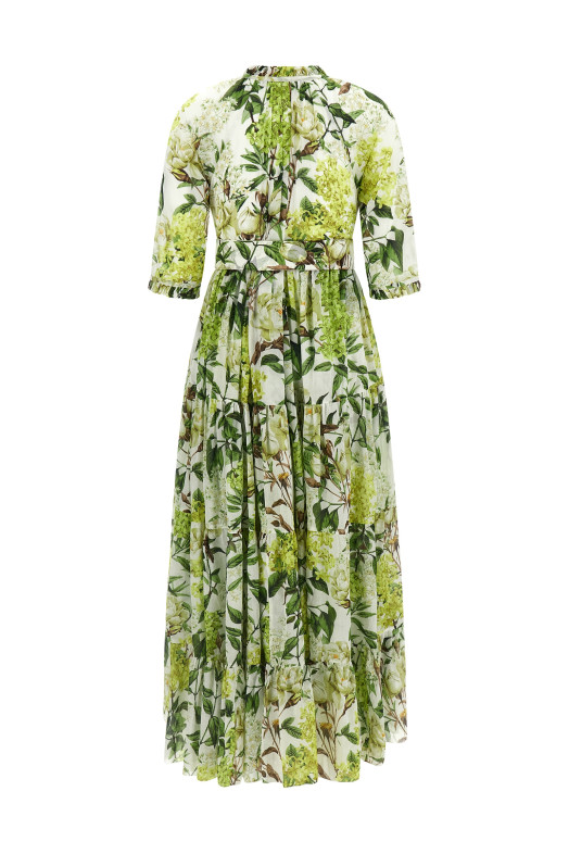'Eden' long dress in cotton muslin with all print Green