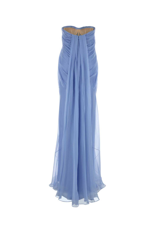Светло-голубое шелковое длинное платье ALEXANDER MCQUEEN (842937QBABX)