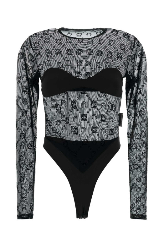 Черный боди из эластичного тюля MARINE SERRE (WTO474ACJER0005)