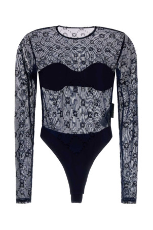 Navy blue stretch tulle bodysuit MARINE SERRE (WTO474ACJER0005)