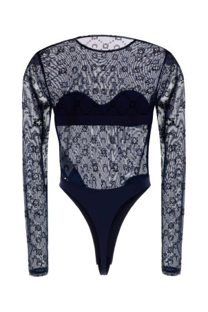Navy blue stretch tulle bodysuit MARINE SERRE (WTO474ACJER0005)