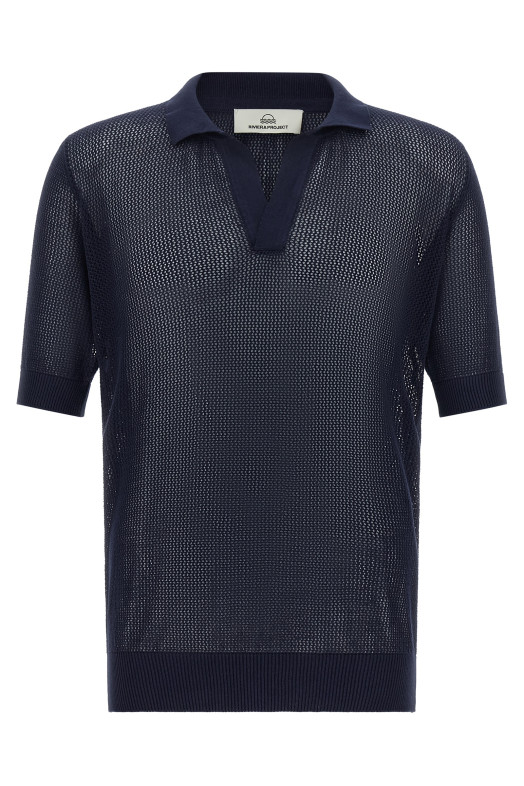 Ажурная хлопковая рубашка-поло, синего цвета PR74000RA23