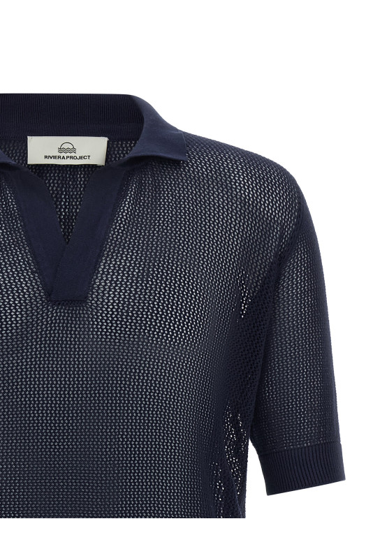 Ажурная хлопковая рубашка-поло, синего цвета PR74000RA23