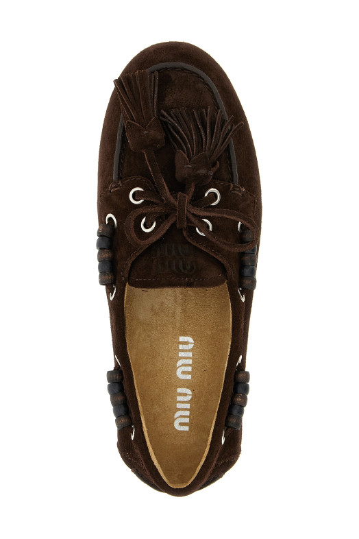 Замшевые лодочные туфли коричневого цвета MIU MIU 5D518EF005054F0003