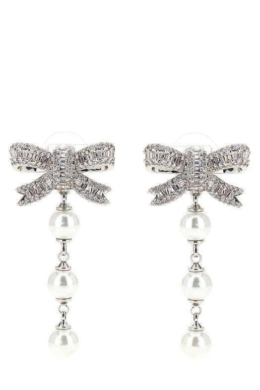 'Crystal Bow Pearl Droplet' earrings Silver