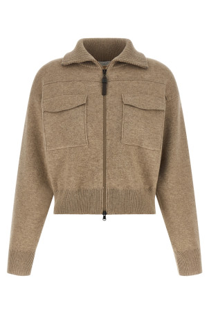 'Shiny Zipper Pull' Wool cardigan Beige