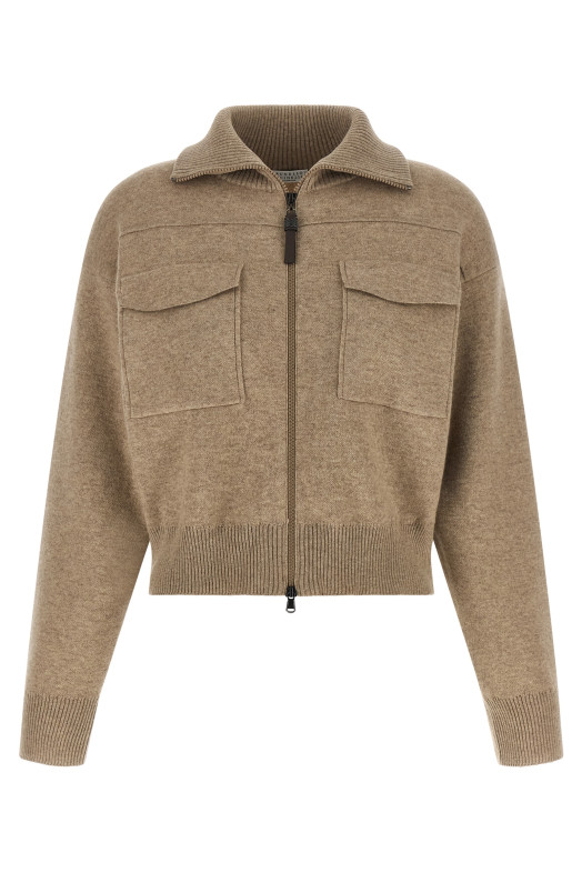 'Shiny Zipper Pull' Wool cardigan Beige